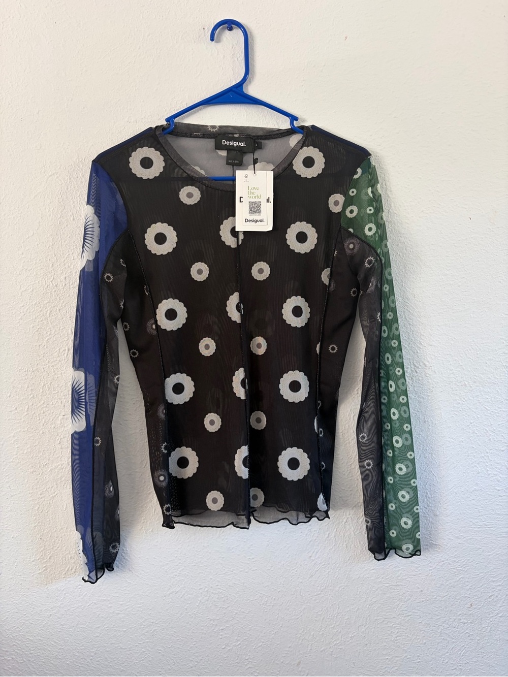 Desigual Black Mesh Long Sleeve Top with Blue and Green Sleeves